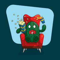 Scared watermelon watching a scary movie and eating popcorn and orange juice. vector