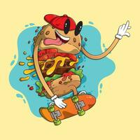 Funny cool Hamburger wears a hat and rides a skateboard. vector