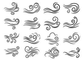 Doodle of wind gust, wind line sketch set, abstract line Vector illustration, Hand drawn doodle wind motion, isolated on a white background