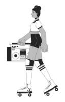 rodillo Patinaje con boombox negro y blanco dibujos animados plano ilustración. negro hembra Años 80 cadera salto 2d arte lineal personaje aislado. ochenta antiguo. nostalgia Moda monocromo escena vector contorno imagen