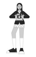 Highschool girl photographer old-fashioned black and white cartoon flat illustration. Arab female 80s taking photos 2D lineart character isolated. Nostalgia monochrome scene vector outline image