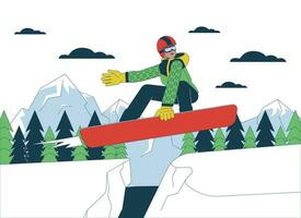 Snowboarder jumping on mountain slope line cartoon flat illustration. Black woman performing trick on snowboard 2D lineart character isolated on white background. Wintersport scene vector color image