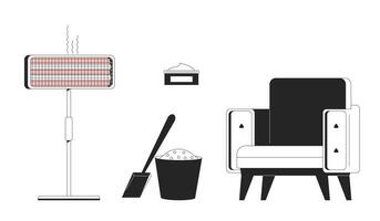 Being cozy in winter black and white 2D line cartoon objects set. Heater, salt sand mix, armchair, cream isolated vector outline items collection. Wintertime monochromatic flat spot illustrations