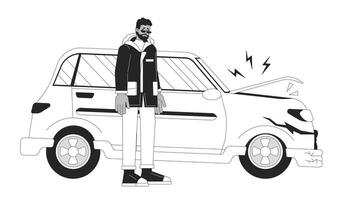 afligido negro hombre cerca dañado vehículo negro y blanco 2d línea dibujos animados personaje. infeliz africano americano chico aislado vector contorno persona. coche accidente monocromo plano Mancha ilustración