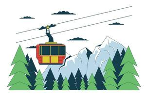 Gondola skilift mountain forest line cartoon flat illustration. Riding elevator ski lift 2D lineart landscape isolated on white background. Ski resort winter season scene vector color image