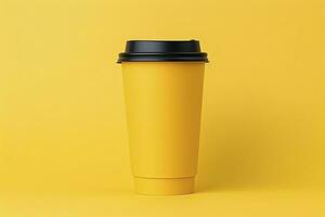 AI generated Blank coffee cup isolated on yellow background. AI Generated photo