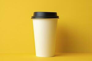 AI generated Blank coffee cup isolated on yellow background. AI Generated photo