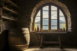 AI generated Barrel in an ancient castle beside the window. AI Generated photo