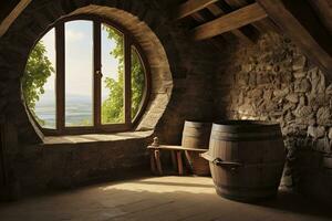 ai generado barril en un antiguo castillo junto a el ventana. ai generado foto