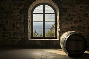 AI generated Barrel in an ancient castle beside the window. AI Generated photo