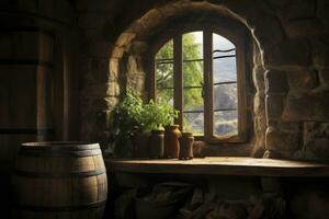 AI generated Barrel in an ancient castle beside the window. AI Generated photo