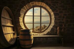 AI generated Barrel in an ancient castle beside the window. AI Generated photo