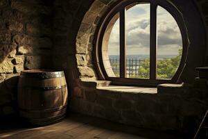 AI generated Barrel in an ancient castle beside the window. AI Generated photo