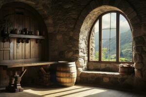 AI generated Barrel in an ancient castle beside the window. AI Generated photo