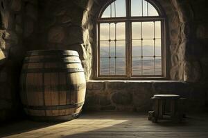 ai generado barril en un antiguo castillo junto a el ventana. ai generado foto