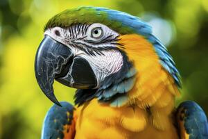 AI generated Blue and yellow macaw parrot against a natural green background photo