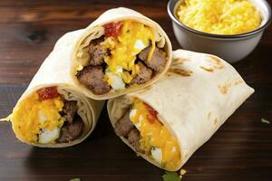 AI generated Breakfast burrito with sausage, eggs, hashbrown and cheese. AI Generated photo