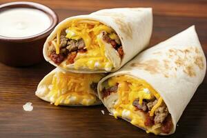 AI generated Breakfast burrito with sausage, eggs, hashbrown and cheese. AI Generated photo