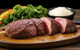 ai generado brasileño picanha comida en un de madera corte tablero. foto