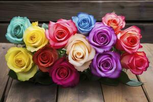 AI generated Bunch of multi colored roses on wooden planks, happy birthday lying on planks. AI Generated photo