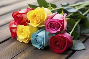 AI generated Bunch of multi colored roses on wooden planks, happy birthday lying on planks. AI Generated photo