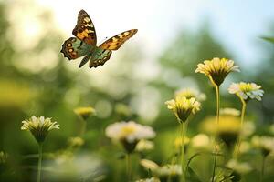 ai generado mariposa volador terminado el prado. ai generado foto