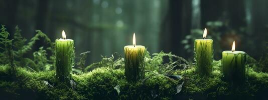 AI generated Burning candles on moss, dark green blurred the natural background. Magic candle. Generative AI photo