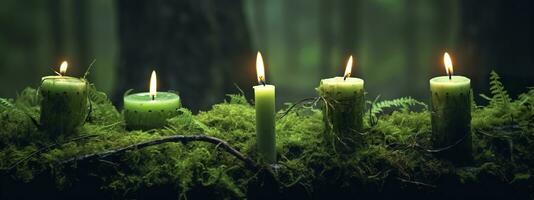 AI generated Burning candles on moss, dark green blurred the natural background. Magic candle. Generative AI photo