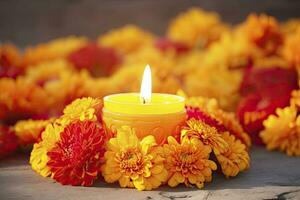 AI generated Candles and marigold flowers. Day of the dead concept dia de los muertos. AI Generated photo