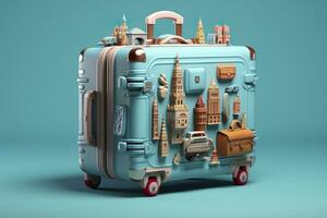 AI generated Blue suitcase full of landmarks and travel accessories on blue background. Generative AI photo