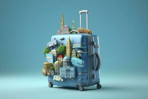 AI generated Blue suitcase full of landmarks and travel accessories on blue background. Generative AI photo