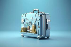 AI generated Blue suitcase full of landmarks and travel accessories on blue background. Generative AI photo