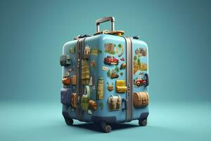 AI generated Blue suitcase full of landmarks and travel accessories on blue background. Generative AI photo