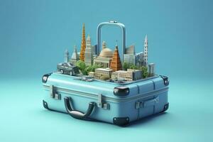 AI generated Blue suitcase full of landmarks and travel accessories on blue background. Generative AI photo