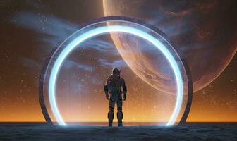 AI generated Astronaut in front of dimensional portal.  AI Generated. photo