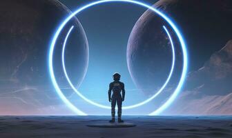 AI generated Astronaut in front of dimensional portal.  AI Generated. photo