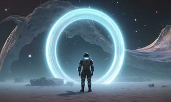 AI generated Astronaut in front of dimensional portal.  AI Generated. photo