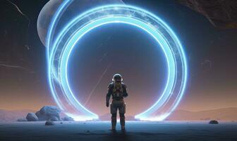 AI generated Astronaut in front of dimensional portal.  AI Generated. photo