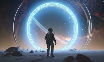 AI generated Astronaut in front of dimensional portal.  AI Generated. photo
