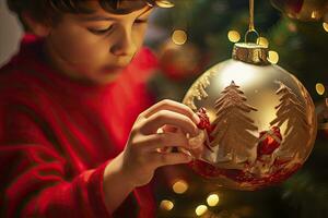 ai generado niño decorando Navidad árbol de cerca. ai generado foto