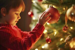 ai generado niño decorando Navidad árbol de cerca. ai generado foto