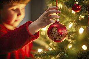 ai generado niño decorando Navidad árbol de cerca. ai generado foto