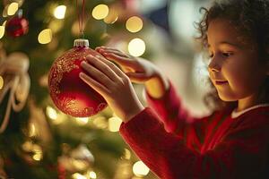 ai generado niño decorando Navidad árbol de cerca. ai generado foto