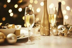 AI generated Christmas table setting with holiday decorations in gold color. photo