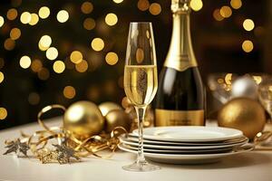 AI generated Christmas table setting with holiday decorations in wine bottle and wine glasses against bokeh background photo