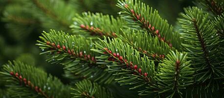 AI generated Close up view of a Christmas tree branches on a natural background. photo