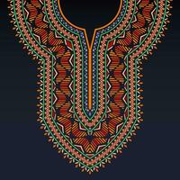 Symmetrical neckline pattern for dashiki shirt with Celtic motifs and colorful geometric shapes on the dark blue background vector