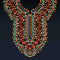 Symmetrical neckline pattern for dashiki shirt with Celtic motifs and colorful geometric shapes on the dark blue background vector