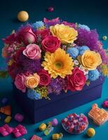 AI Generated flowers set. beautiful luxury bouquet in the box. the work of the florist at a flower shop. photo