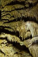 el cueva es karst, increíble ver de estalactitas y estalagnitas iluminado por brillante luz, un hermosa natural atracción en un turista lugar. foto